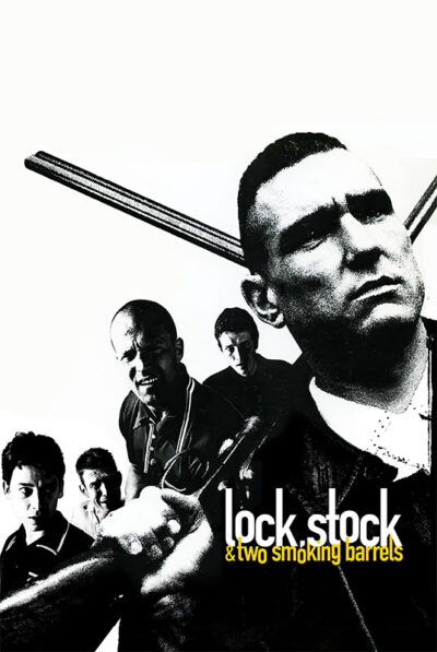 Five men stand closely together, one holding two shotguns. This black and white image features Lock Stock and Two Smoking Barrels at the bottom in bold text, referencing the iconic 1998 movie. Movie poster print available in A1 to A4 sizes.
