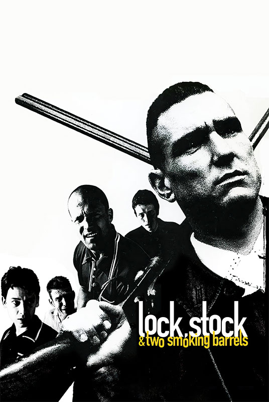 Product-Image_0008_Lock, Stock and Two Smoking Barrels.jpg Five men stand closely together, one holding two shotguns. This black and white image features Lock Stock and Two Smoking Barrels at the bottom in bold text, referencing the iconic 1998 movie. Movie poster print available in A1 to A4 sizes.