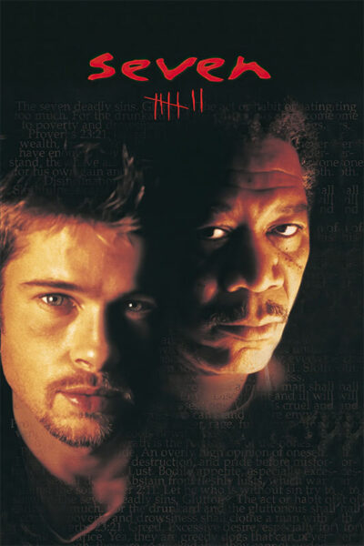 A movie poster for the 1995 crime thriller Seven featuring close-up portraits of Brad Pitt and Morgan Freeman, with the film title and tally marks above their faces. Movie poster print available in A1 to A4 sizes.