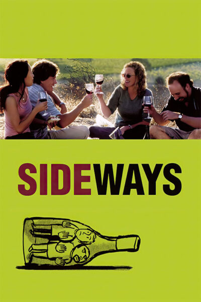 Four people sit outdoors clinking wine glasses and smiling, above the title Sideways, referencing the 2004 movie, with a drawing of people inside a wine bottle on a yellow background. Movie poster print available in A1 to A4 sizes.