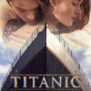 Poster for the Titanic film showing a close-up of a couple embracing above the bow of a large ship, with the title TITANIC written across the hull—an iconic image from the 1997 movie. Movie poster print available in A1 to A4 sizes.