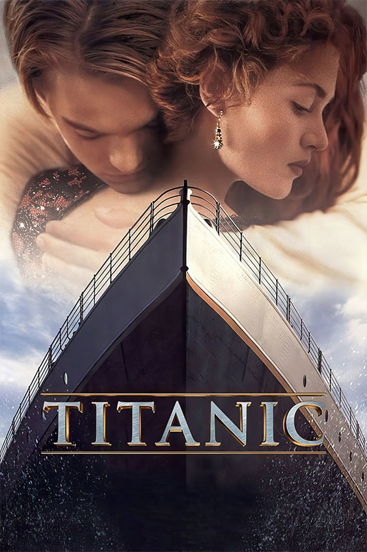Poster for the Titanic film showing a close-up of a couple embracing above the bow of a large ship, with the title TITANIC written across the hull—an iconic image from the 1997 movie. Movie poster print available in A1 to A4 sizes.