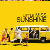 A family runs toward a yellow Volkswagen van parked on a yellow background, capturing the quirky spirit of Little Miss Sunshine, with the film title and character portraits featured at the top. Movie poster print available in A1 to A4 sizes.