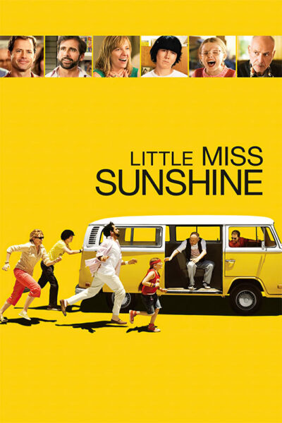 A family runs toward a yellow Volkswagen van parked on a yellow background, capturing the quirky spirit of Little Miss Sunshine, with the film title and character portraits featured at the top. Movie poster print available in A1 to A4 sizes.
