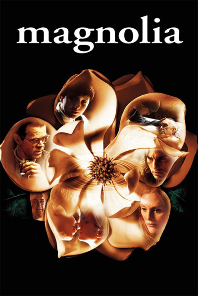 A magnolia flower with faces of various people embedded in its petals, set against a black background with the word Magnolia at the top, inspired by the 1999 film. Movie poster print available in A1 to A4 sizes.