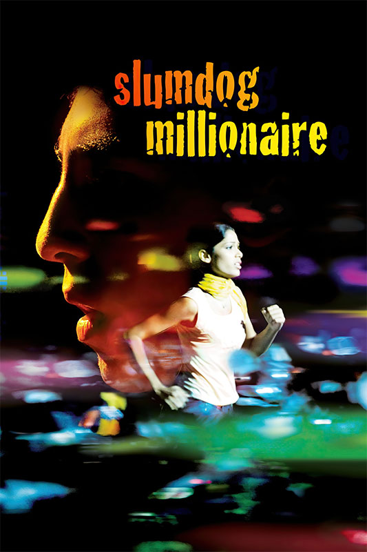 A 2008 Slumdog Millionaire movie poster featuring a large side profile of a face and a person running, with colourful light streaks in the background. Movie poster print available in A1 to A4 sizes.