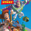 Poster for the animated movie Toy Story 1995, featuring Woody, Buzz Lightyear, and other toy characters in a childs bedroom, with the movie title at the top. Movie poster print available in A1 to A4 sizes.