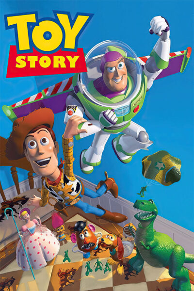 Poster for the animated movie Toy Story 1995, featuring Woody, Buzz Lightyear, and other toy characters in a childs bedroom, with the movie title at the top. Movie poster print available in A1 to A4 sizes.