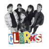 Five people stand in a group above the stylized Clerks movie title logo on a white background, referencing Kevin Smiths iconic 1994 movie. Movie poster print available in A1 to A4 sizes.