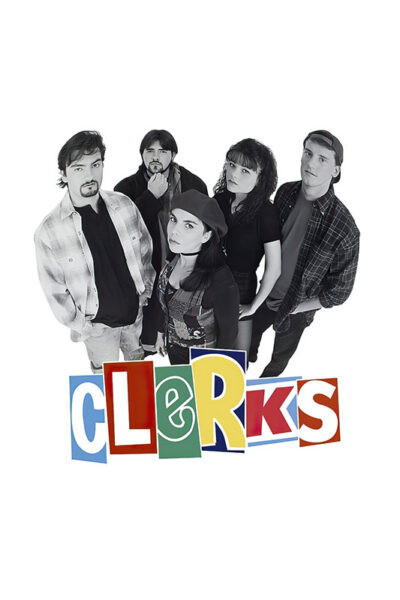 Five people stand in a group above the stylized Clerks movie title logo on a white background, referencing Kevin Smiths iconic 1994 movie. Movie poster print available in A1 to A4 sizes.