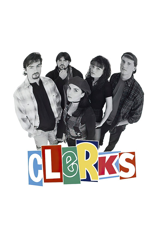 pr0duct-image_0000_Clerks.jpg Five people stand in a group above the stylized Clerks movie title logo on a white background, referencing Kevin Smiths iconic 1994 movie. Movie poster print available in A1 to A4 sizes.