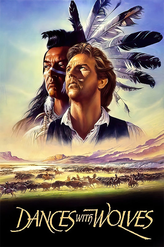 pr0duct-image_0001_Dances with Wolves.jpg Two men, one in feathers and face paint, stand before a scenic landscape with running horses. The text Dances With Wolves appears at the bottom, referencing the iconic 1990 movie. Movie poster print available in A1 to A4 sizes.