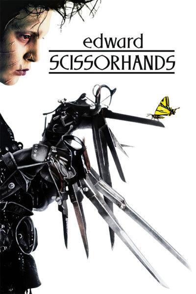 A pale man with dishevelled hair and blades for fingers looks at a yellow butterfly; the 1990 Edward Scissorhands title is displayed above. Movie poster print available in A1 to A4 sizes.