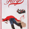 Cross-stitch artwork inspired by the 1996 Fargo movie, showing a person lying face down with blood, Fargo in red script above, and a needle with thread to the right. Movie poster print available in A1 to A4 sizes.