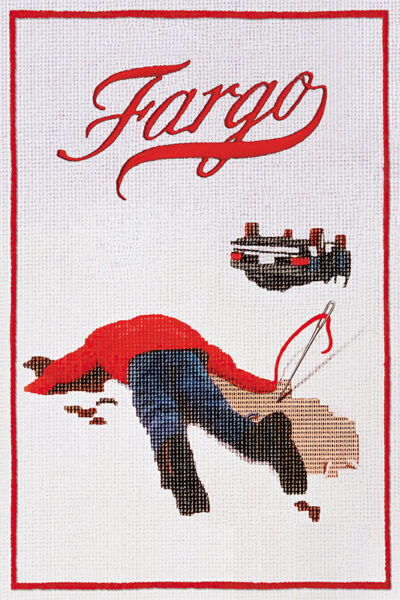 Cross-stitch artwork inspired by the 1996 Fargo movie, showing a person lying face down with blood, Fargo in red script above, and a needle with thread to the right. Movie poster print available in A1 to A4 sizes.