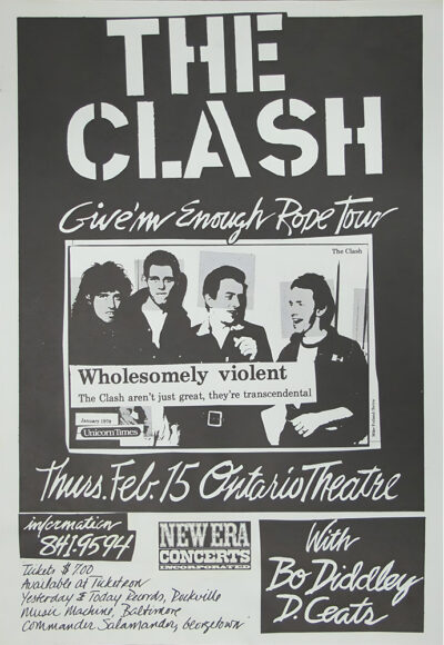 Black and white poster for The Clash’s Give Em Enough Rope Tour at Ontario Theatre on Feb. 15, featuring an image of the band and full event details. Music poster print available in A1 to A4 sizes.