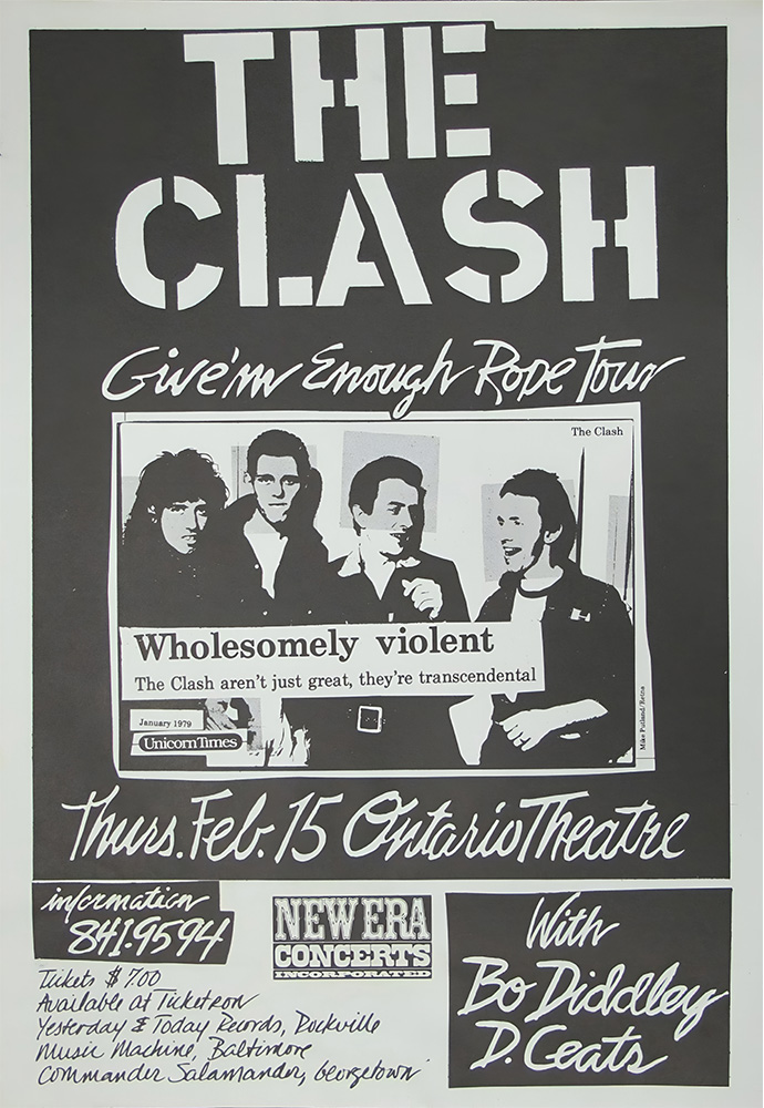 Black and white poster for The Clash’s Give Em Enough Rope Tour at Ontario Theatre on Feb. 15, featuring an image of the band and full event details. Music poster print available in A1 to A4 sizes.