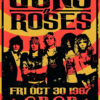 Poster for a 1987 Guns n Roses concert at CBGB in New York City on Friday, October 30. Admission is $5 and showtime is at 10 PM. Band members are pictured at the bottom. Music poster print available in A1 to A4 sizes.