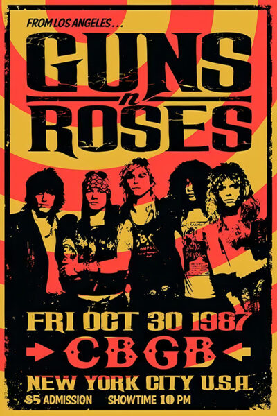 Poster for a 1987 Guns n Roses concert at CBGB in New York City on Friday, October 30. Admission is $5 and showtime is at 10 PM. Band members are pictured at the bottom. Music poster print available in A1 to A4 sizes.
