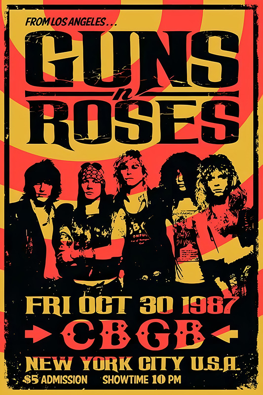 product-image Poster for a 1987 Guns n Roses concert at CBGB in New York City on Friday, October 30. Admission is $5 and showtime is at 10 PM. Band members are pictured at the bottom. Music poster print available in A1 to A4 sizes.