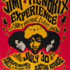 Psychedelic concert poster for the Jimi Hendrix Experience, featuring band portraits and show details for July 30 at Independence Hall, Baton Rouge. Music poster print available in A1 to A4 sizes.