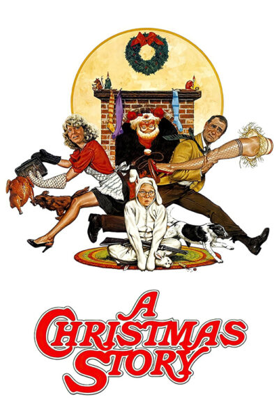 Illustration of a family in front of a fireplace decorated for Christmas, with the title A Christmas Story below. The characters hold holiday items and a boy is dressed in a bunny suit in this classic 1983 Christmas movie scene. Movie poster print available in A1 to A4 sizes.