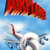 A cartoon airplane with its nose twisted in a knot flies under a bold, red AIRPLANE! title against a blue sky with clouds, capturing the wacky spirit of this classic 1980 comedy film. Movie poster print available in A1 to A4 sizes.
