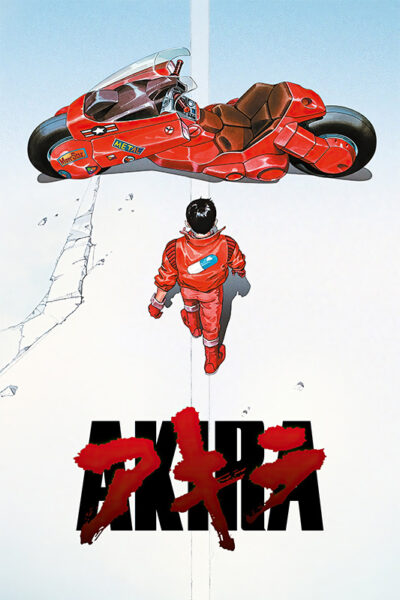 An individual in a red suit faces a futuristic red motorcycle on a cracked white surface, with AKIRA written boldly below—an iconic scene from the 1988 anime Akira movie. Movie poster print available in A1 to A4 sizes.