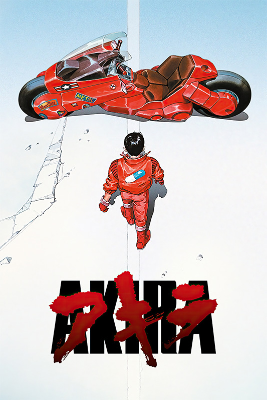 product-image An individual in a red suit faces a futuristic red motorcycle on a cracked white surface, with AKIRA written boldly below—an iconic scene from the 1988 anime Akira movie. Movie poster print available in A1 to A4 sizes.