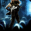 A woman holding a large gun stands protectively with a young girl in her arms, surrounded by alien creatures in a dark, science fiction setting. The word ALIENS appears at the bottom, evoking the iconic 1986 film. Movie poster print available in A1 to A4 sizes.