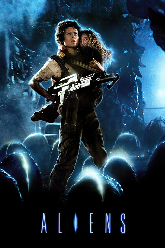 product-image A woman holding a large gun stands protectively with a young girl in her arms, surrounded by alien creatures in a dark, science fiction setting. The word ALIENS appears at the bottom, evoking the iconic 1986 film. Movie poster print available in A1 to A4 sizes.