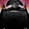 A dramatic masked figure with outstretched arms looms over a detailed cityscape, with the title Amadeus in bold white letters at the bottom—an iconic homage to the acclaimed 1984 movie. Movie poster print available in A1 to A4 sizes.