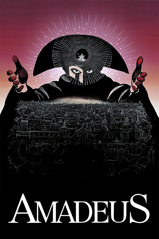 product-image A dramatic masked figure with outstretched arms looms over a detailed cityscape, with the title Amadeus in bold white letters at the bottom—an iconic homage to the acclaimed 1984 movie. Movie poster print available in A1 to A4 sizes.