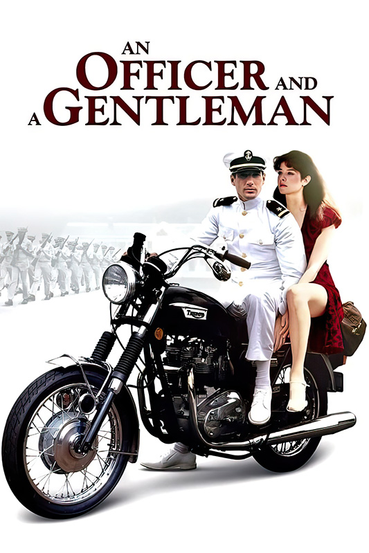 product-image A man in a white naval officer uniform and a woman in a red dress sit on a black motorcycle with the movie title An Officer and a Gentleman (1982) above them. Movie poster print available in A1 to A4 sizes.