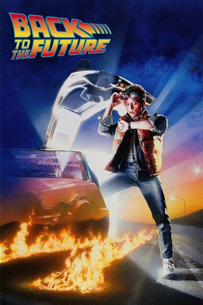 A young man in a vest stands beside a car with gull-wing doors, looking at his watch. Flaming tire tracks lead away, and Back To The Future movie text appears at the top left, evoking the iconic 1985 movie. Movie poster print available in A1 to A4 sizes.