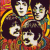 A psychedelic-style illustration of four men's faces, The Beatles, with colourful swirling patterns in the background and an EMI Odeon logo in the corner. Music poster. A1 to A4 print sizes.