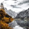 A calm mountain lake reflects distant mountains and a cloudy sky; trees with autumn foliage in yellow contrast with the black and white landscape. Nature and landscape poster print available in A1 to A4 sizes.