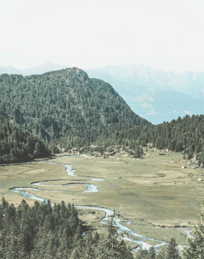 A winding Plateau River flows through a grassy valley surrounded by densely forested hills and distant mountains under a pale sky. Nature and landscape poster print available in A1 to A4 sizes.