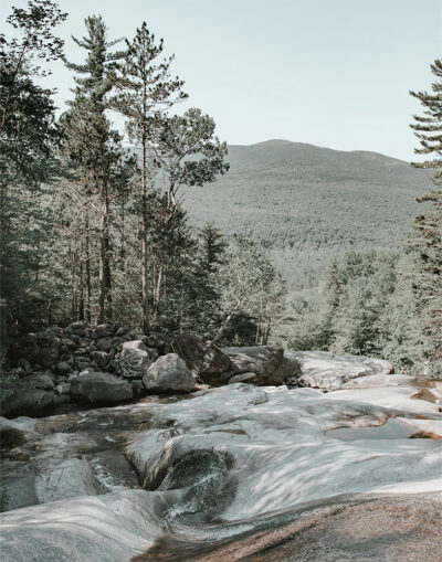 A rocky stream winds through a forest stone landscape, bordered by tall trees, with a mountain rising in the background under a clear sky. Nature and landscape poster print available in A1 to A4 sizes.