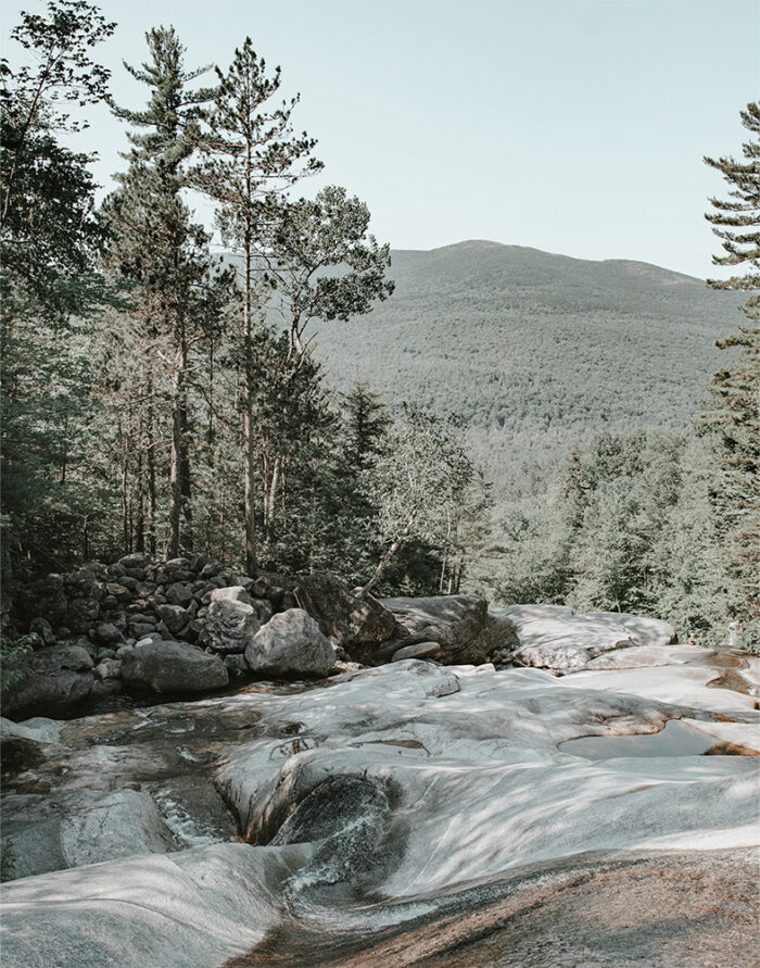 A rocky stream winds through a forest stone landscape, bordered by tall trees, with a mountain rising in the background under a clear sky. Nature and landscape poster print available in A1 to A4 sizes.