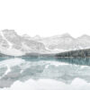 A still Mountain Lake reflects pine trees and snow-capped mountains under a bright, overcast sky. Nature and landscape poster print available in A1 to A4 sizes.