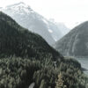 A winding stretch of Road runs through dense pine forests, with snow-capped mountains and a tranquil lake in the background. Nature and landscape poster print available in A1 to A4 sizes.