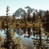 A calm Mountain Lake is surrounded by evergreen trees and reflects a snow-capped mountain under a clear sky. Nature and landscape poster print available in A1 to A4 sizes.
