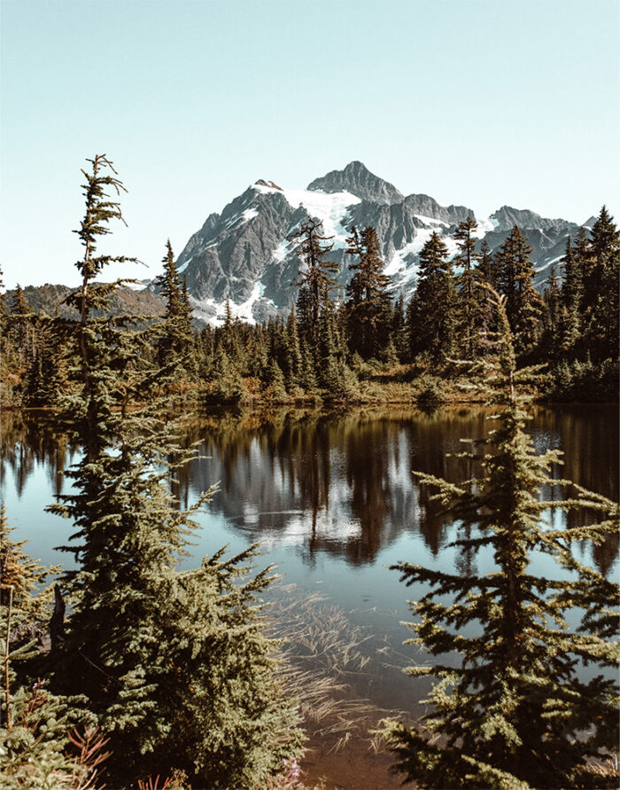 product-image-11-14 A calm Mountain Lake is surrounded by evergreen trees and reflects a snow-capped mountain under a clear sky. Nature and landscape poster print available in A1 to A4 sizes.
