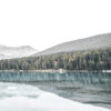 A calm mountain lake reflects a dense forest of evergreen trees with mountains in the background under an overcast sky. Nature and landscape poster print available in A1 to A4 sizes.