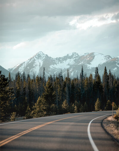 A paved mountain road curves through a forest with tall pine trees, leading toward distant snow-capped mountains under a cloudy sky. Nature and landscape poster print available in A1 to A4 sizes.