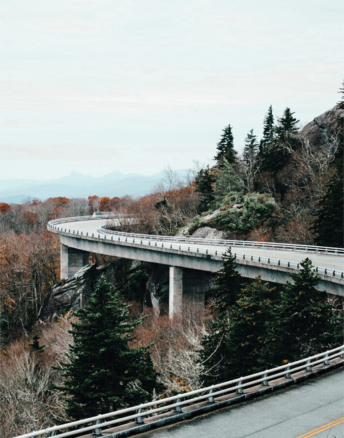product-image-11-14 A curved Mountain Road winds through a forested, hilly landscape with autumn foliage and evergreen trees beneath an overcast sky. Nature and landscape poster print available in A1 to A4 sizes.