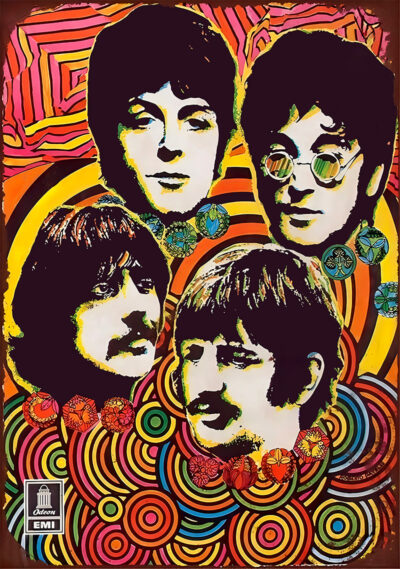 A psychedelic-style illustration of four men's faces, The Beatles, with colourful swirling patterns in the background and an EMI Odeon logo in the corner. Music poster. A1 to A4 print sizes.