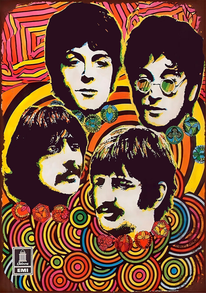 product-image A psychedelic-style illustration of four men's faces, The Beatles, with colourful swirling patterns in the background and an EMI Odeon logo in the corner. Music poster. A1 to A4 print sizes.