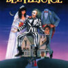 Movie poster for the 1988 movie Beetlejuice, showing characters in costume, a house, and the film title in bold yellow text at the top. Movie poster print available in A1 to A4 sizes.